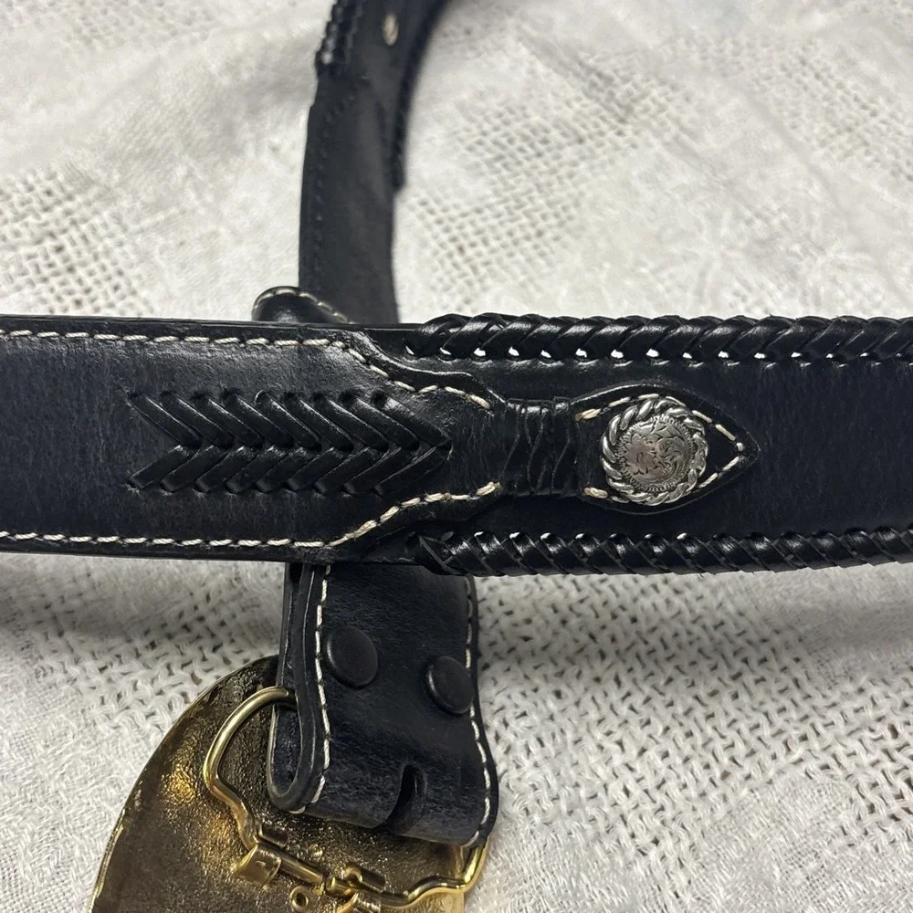 Vtg Nocona Leather Belt Mens 38 Blaxk Western Buckle  Stone Tooled Buckle